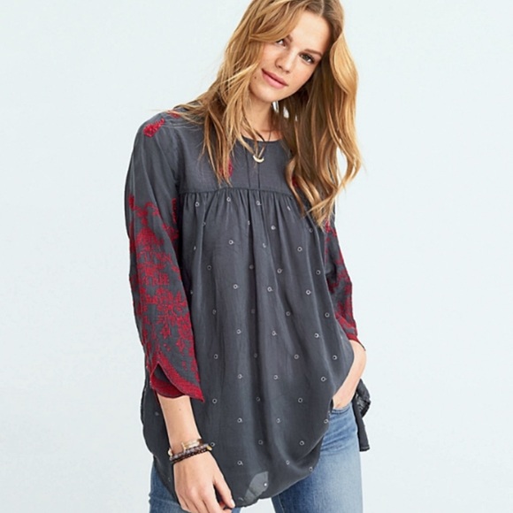 Johnny Was Tops Johnny Was Gray Rose Stitch Embroidered Blouse